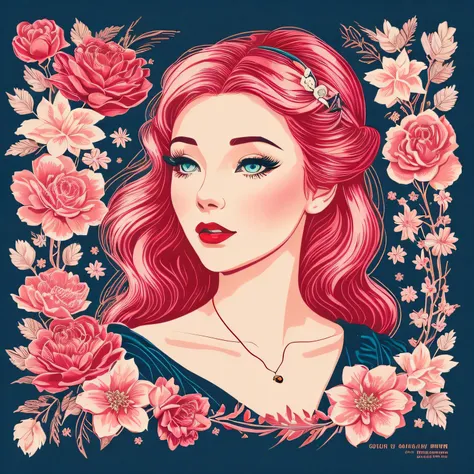 1 linda mulher com estampa vintage, Retro-inspired typography surrounding an illustration illuminated by a cascade of contrasting red tones and binary-coded white tones with pink gradient colors of flower symbols with Sumi-e ink symbols.  Snow White and th...