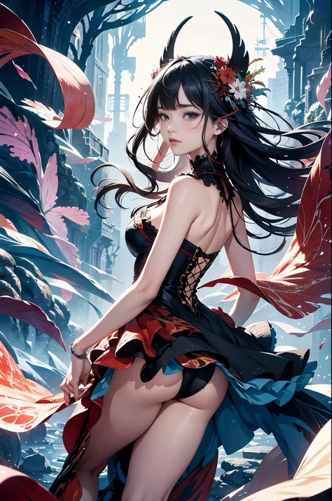 8K，abstract expression painting abstract beauty,Located in the center,((looking at the viewer only:1.2)),(nearing perfection:1.4),(Lolita costume)，ruffle skirt，beautiful butt，dynamic,rays of moonlight,The content is very detailed,digitial painting,art stat...