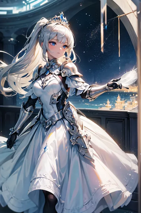 (masterpiece, highest quality:1.2), 1 girl, alone,blonde, long ponytail, Natural bangs, silver tiara, beautiful silver armor, white dress, blue eyes, beautiful, Super detailed, Ephemeral atmosphere,