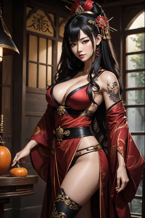 8K,Himiko,Dark-haired Asian empress taking a photo wearing a sexy red and black courtesan costume, Japanese god, beautiful fantasy empress, super beautiful(lifelike face),red rouge,Gorgeous courtesan style costume,flashy makeup,long black hair,redeyes,Exac...