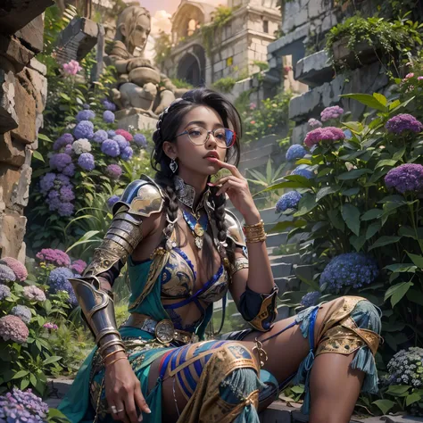 ((determined ((dark-skinned ((Haitian)) female mystic knight with freeform braided hairstyle wearing glasses)) rolling up herbal joint while sitting on stone pillar in front of crumbling cave ruins, (wearing detailed tarnished layered knights armor), (visi...