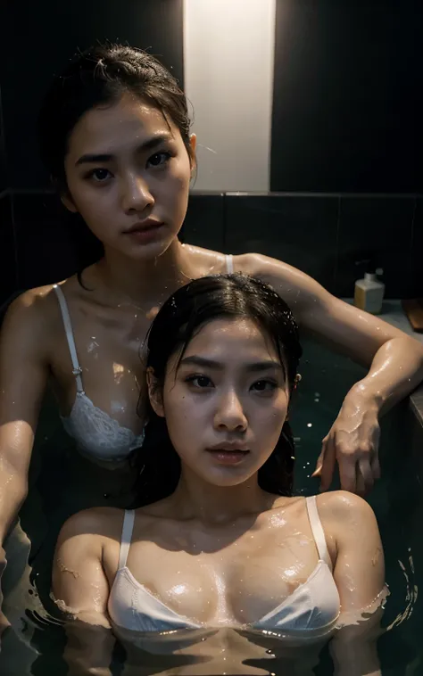 two 30 years old hong kong sisters in bathtub, 2 women, white bra, black hair up, beautiful face, beautiful body, hyper realistic skin, selfie, mouth breathing, night, dark room, hyper realistic skin, body immerse in water