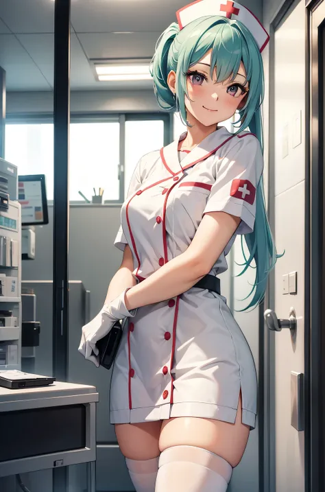 1 girl, alone, nurse, nurse cap, Whiteware, ((white legwear, zettai ryouiki)), white gloves, ponytail, green hair, pink eyes, smile, Are standing, ((hospital room)), sharp outline, short sleeve, highest quality, masterpiece