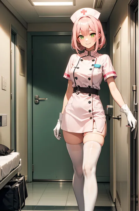 1 girl, alone, nurse, nurse cap, Whiteware, ((white legwear, zettai ryouiki)), white gloves, pink hair, green eyes, droopy eyes, smile, Are standing, ((hospital room)), sharp outline, short sleeve, highest quality, masterpiece