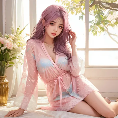 Mulher bonita com cabelo rosa, slightly faded hair roots, espanhol, influenciador, sardas claras, olhos castanhos em um top branco, peitos grandes, cabelo curto rosa no estilo de prata branca e escura, hannah Yata, y2k aesthetic, linhas finas, curvas delic...