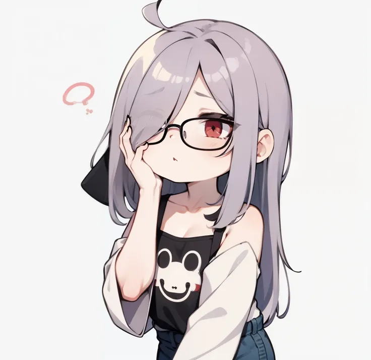 Hair over one eye、One Woman, 独奏, (twitch emote:1), Chibi, no hair, red eyes,, a sticker, Thick black outline,Denim dresselack blouse、Denim Long Skirt hutao,Plain white background ,background,I am talking, background, I am talking, wearing glasses

