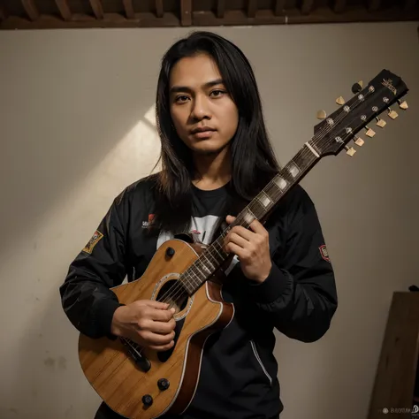 seorang pria Indonesia umur 50 tahun rambut hitam pendek memakai jaket kombinasi dan kaos abu-abu sedang memainkan gitar bersama seorang pria rambut sedikit botak berkacamata sedang duduk berhadapan masing-masing duduk di kursi bulat latarbelakang studio m...