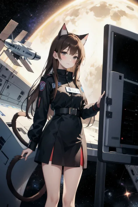 neko, cat ears, cat tail, brown hair, 1girl, black dress, sakura view, colony view, city view, anatomically correct, masterpiece, space station 13, pilot lieutenante, catgirl, space, space ship, space ship bridge, long hair, adult character, name badge