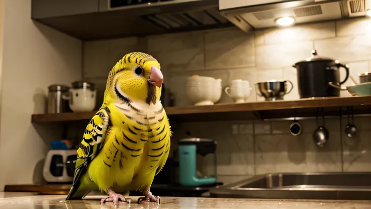 pet budgie, Dexter, whom kept in the  kitchen at nigh