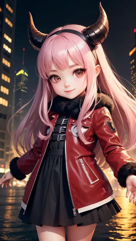 highest quality, masterpiece,  1 girl, smile, chibi girl、3D rendering、Devil Cosplay、night、skyscraper