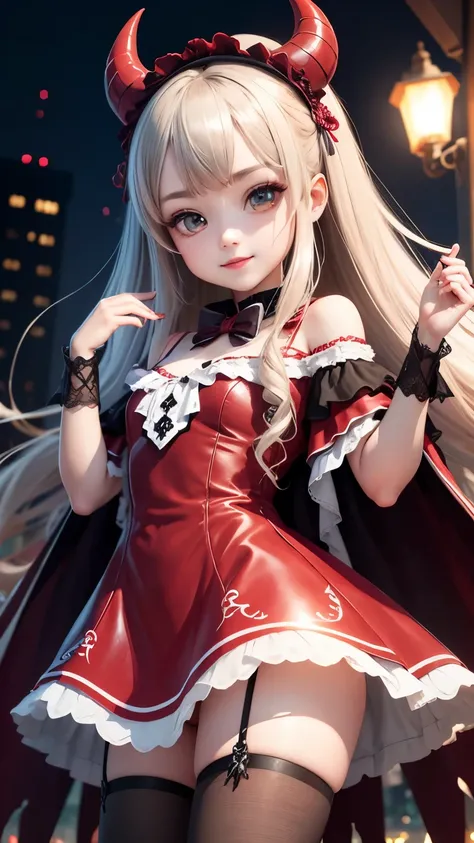 highest quality, masterpiece,  1 girl, smile, chibi girl、3D rendering、Devil Cosplay、night、skyscraper