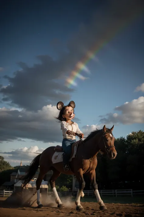 Mickey mouse is riding a horse on rainbow