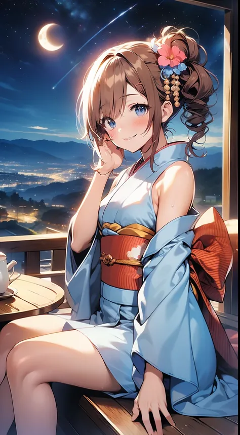 See the whole body,High quality contour light,reddish brown hair,Short Liuhai,blue eyes, beautiful eyelashes, blush:1.2, Japanese anime style,Low-cut gorgeous kimono,bare shoulders,Smile,side sitting position,At the deserted mountain viewing platform,Make ...