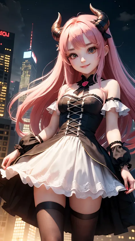 highest quality, masterpiece,  1 girl, smile, chibi girl、3D rendering、Devil Cosplay、night、skyscraper