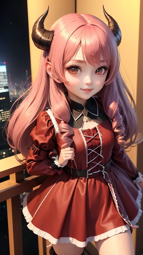 highest quality, masterpiece,  1 girl, smile, chibi girl、3D rendering、Devil Cosplay、night、skyscraper