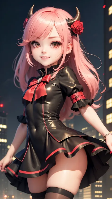 highest quality, masterpiece,  1 girl, smile, chibi girl、3D rendering、Devil Cosplay、night、skyscraper