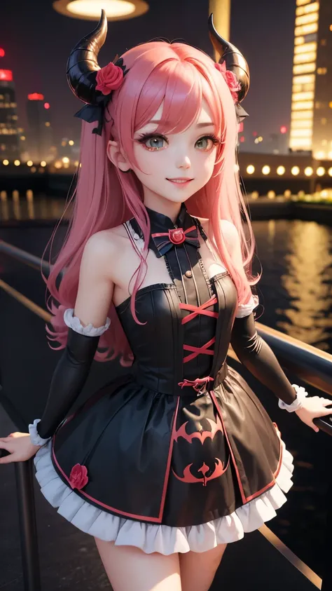 highest quality, masterpiece,  1 girl, smile, chibi girl、3D rendering、Devil Cosplay、night、skyscraper