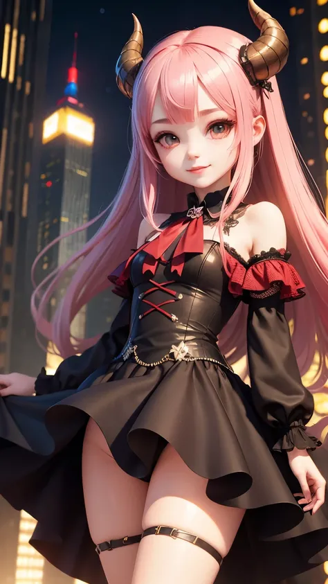 highest quality, masterpiece,  1 girl, smile, chibi girl、3D rendering、Devil Cosplay、night、skyscraper