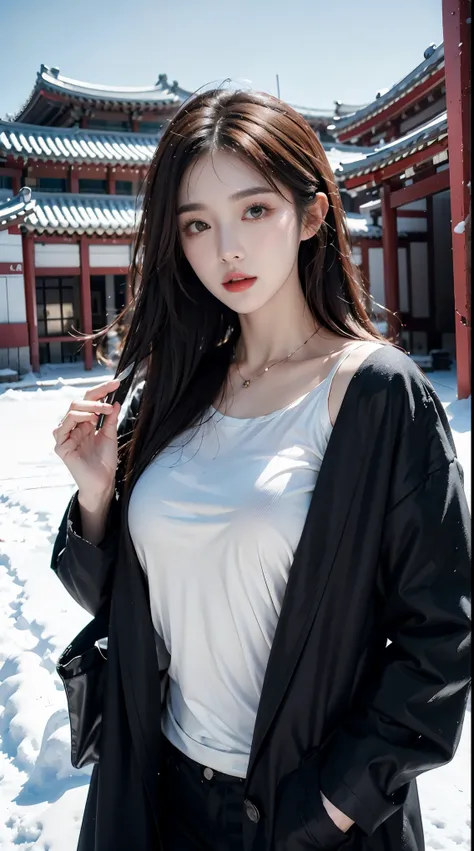 realistic photos of (1 cute Korean star) Shoulder-length hair, thin makeup, medium breasts size, wearing coat, in the snow, clear facial features, 8K high resolution, sharp and realistic details.from outside, Eye-Level Shot, f/4.0, 135mm, Fujifilm, jpeg ar...