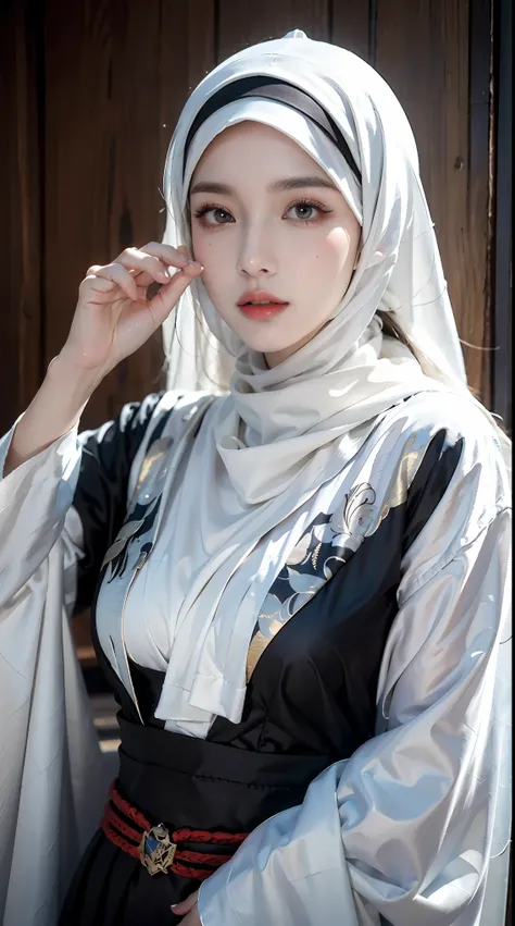 .masterpiece:1.2, best quality), realistic, (real picture, intricate details, depth of field), (1girl, solo), make up, parted lips, highly-detailed, perfect face, (skindentation), glossy coral lips, (A girl wearing full hijab, Islamic clothes), blushing, R...