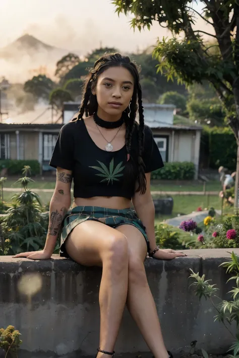 ((joyful ((lithe short ((dark-skinned Honduran)) punk girl with long freeform braided locs hairstyle and hairy legs)) sitting in middle of garden while peacefully observing the sunrise, (wearing cropped punk T-shirt and pleated skirt with fishnet stockings...