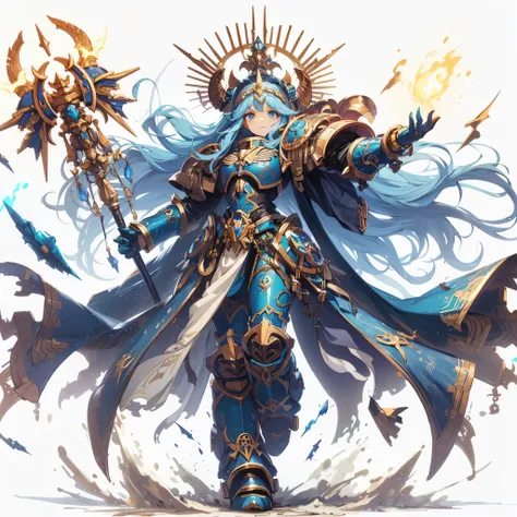 Masterpiece, best quality, ultra-detailed, anime style, solo, full body of chaos space marine girl, azure blue power armor with gold trim, Headdress in the shape of two long horns, Egyptian-style accessory and holds up sorcerers staff, wearing raised boots...