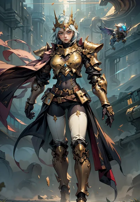 A woman adorned in fantasy-style full-body armor, a crown-concept fully enclosed helmet that unveils only her eyes, a composite layered chest plate, fully encompassing shoulder and hand guards, a lightweight waist armor, form-fitting shin guards, the overa...