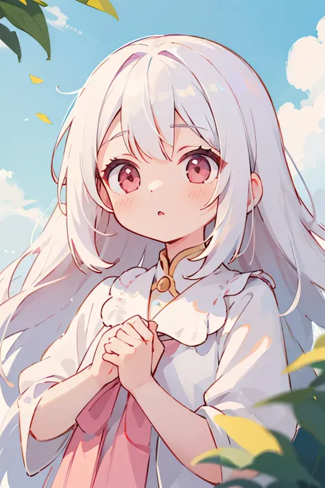 masterpiece, best quality, Lovely, kawaii, 1 girl, Upper body, long white hair，Pale pink eyes, sunny, cloudy sky,