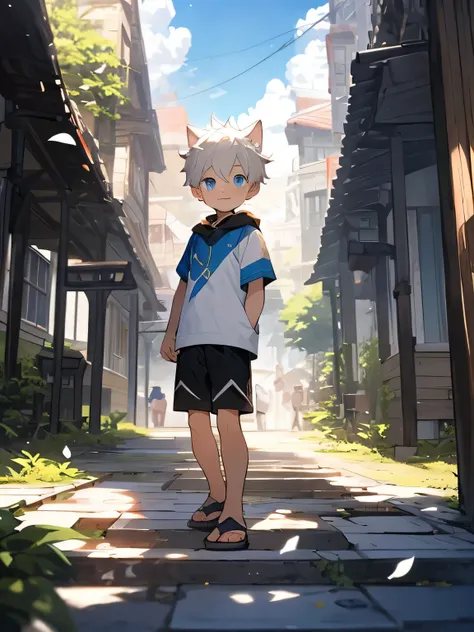 three quarter view，（Shota，white hair，toddler，blue eyes，horny boy，male）Cat ear ， charming， stand， Master masterpieces， high resolution，8k，Detailed background，high quality，alone，shorts，patio，white flower，fallen leaves，cloud，become sunny，happy expression