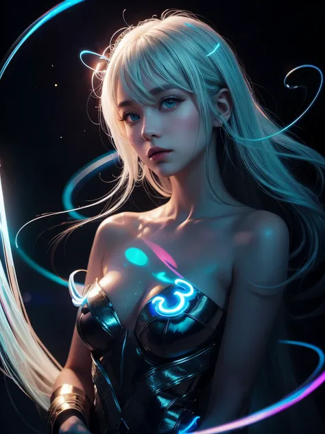 ((upper body)), best quality, masterpiece, a Japanese woman with ((Luminescence white hair)), ((detailed pearl blue eye)), high detailed goddess soul, focus on character, solo, (style swirl magic), solo, from front, front view, looking at viewer, detailed ...