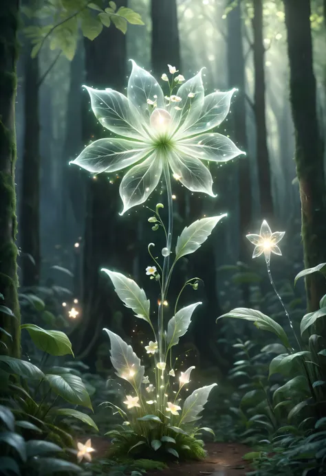 (best quality,4K,high resolution),(actual:1.37),Cute creatures in the forest,actual creature,Very detailed,thin and tall,long legs,transparent,waving a magic wand,huge transparent lantern flower,Super detailed,ethereal,Soft glow lighting,magic,forest atmos...