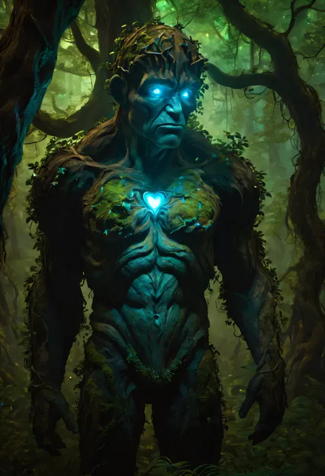 In the enchanted forest of light and shadow, a luminous Golem emerges from the heart of a bioluminescent tree, its stone body shimmering with an otherworldly glow., textured skin, super detail, masterpiece, highres, 16k