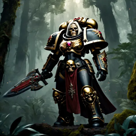 um feroz space marine vestido com intrincados, ornate armor of black and gold ruby stands in a dynamic posture, ready to defend ...