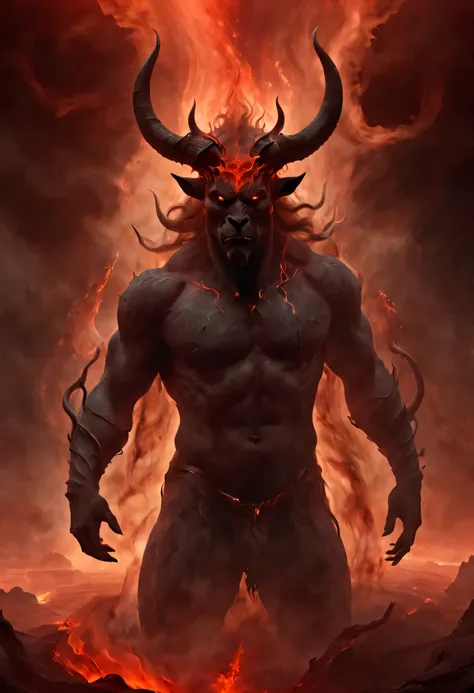 in a realm bathed in ethereal light, a mystifying, bioluminescent minotaur made of smoke traverses a tranquil, red hell environm...