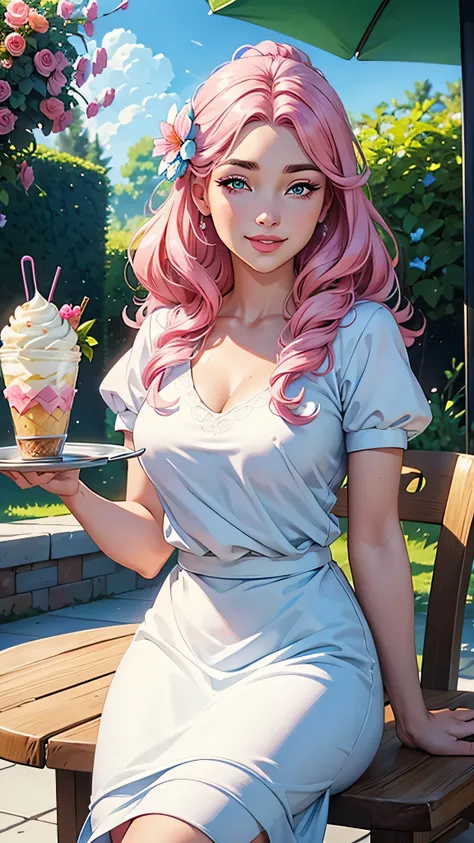 girl serving an ice cream,beautiful detailed eyes,beautiful detailed lips,long eyelashes,long hair,smiling,friendly expression,kind eyes,pink and white uniform,holding a tray,ice cream scoop,delicious flavors,whipped cream on top,decorative toppings,colorf...