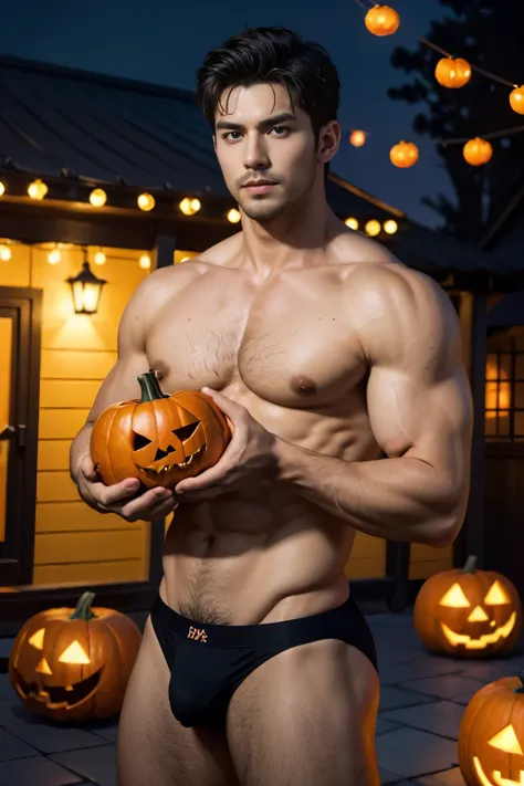 Professional photo of the whole body, (4K Photo: 1.1), (sharp focus: 1.3), high detail, Elegant and muscular man, wears a black thong, with a pumpkin that hides his sex held by the man himself, shirtless and muscular, short and brown hair, brown beard, lig...