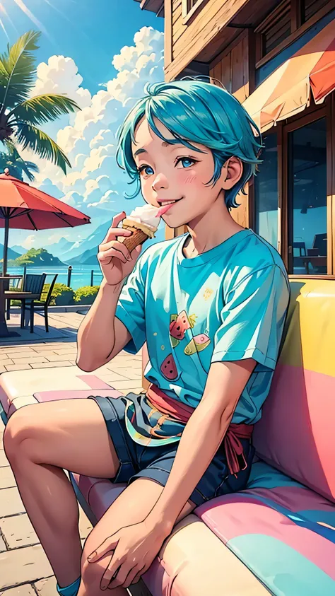 A 10-year-old boy eating ice cream at the hotel,illustration,pastel colors,adorable,happy face,summer vibes,sunny day,vibrant atmosphere,outdoor setting,family vacation,melting ice cream dripping down the cone,childhood joy,licking fingers,eating with deli...