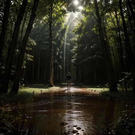 (obra de arte), (melhor qualidade), (ultra-detalhado),(melhor sombra:0.4), (best illustration), (extremamente delicado e lindo), fotorrealista, dramatic lighting, detalhes finos, hunting forest with rain