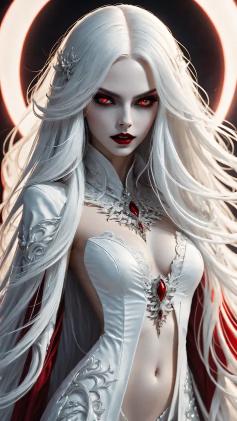 a terrifying and beautiful vampire, bloody fangs, long white hair, beautiful red lips, complicated eye roll, like a dream, ether...