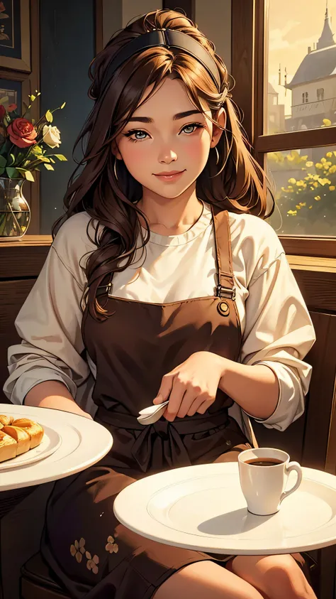 A girl sitting at a wooden table in a cozy cafe, with a window overlooking a bustling city street. The girl has beautiful detailed eyes, a sweet smile, and long flowing hair. She is dressed in a stylish outfit, wearing a floral dress with a matching headba...