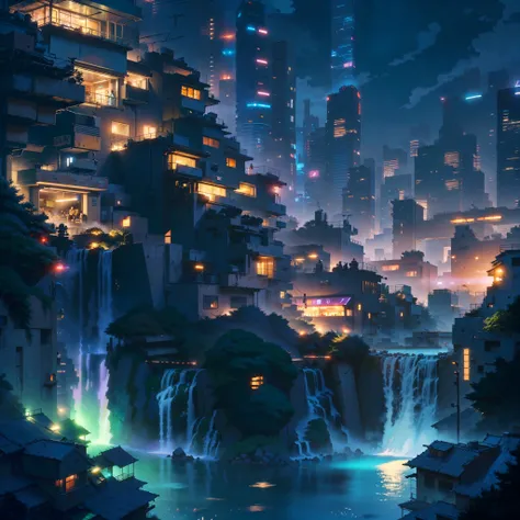 anime city at night with waterfall and waterfall in foreground, andreas rocha style, inspired by Andreas Rocha, lush foliage cyberpunk, ross tran. scenic background, the style of andreas rocha, anime background art, futuristic cyberpunk tokyo night, anime ...