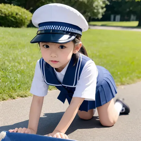 beautiful illustrations、highest quality、ultra high resolution、Professional specifications、(((Only one elementary school student))、light blue school sailor uniform、very short skirt、((Police Officer Cap))、short sleeve、&#39;face、(on all fours: 1.3)、Crouch sta...