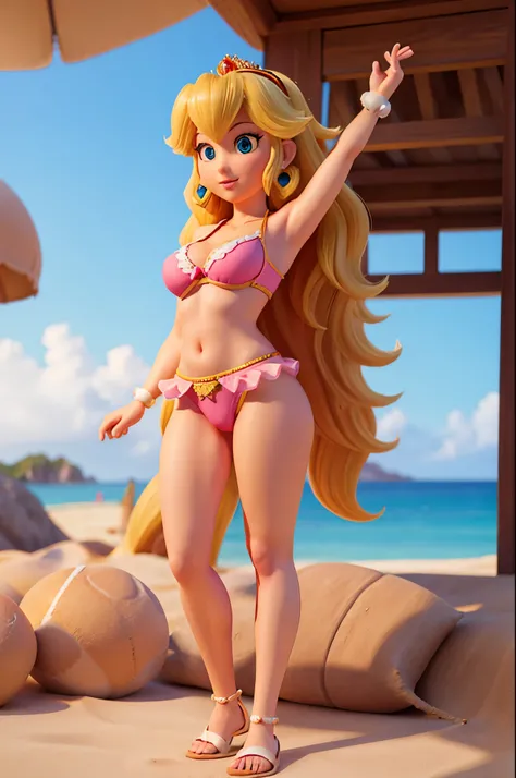 All textures in high quality and realistic details, princess peach,underwear, beach,view crotch