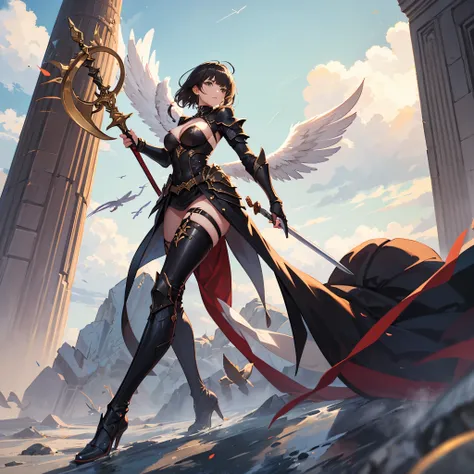 a girl flying in the sky with angel wings, she wears  rouge armor and is busty, she has black wings and is holding a staff and has a sword on the side 