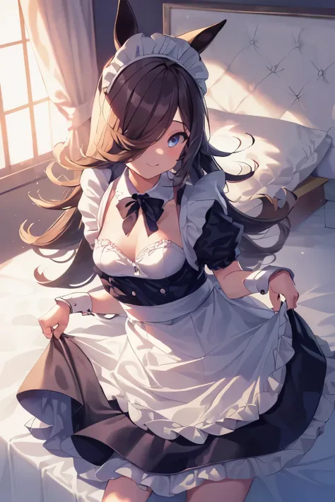 (table top.highest quality).(dynamic angle). (CG painting with very impressive details),(perfect image)、comic strip.shape.(((girl with small breasts lying on the bed))).detailed face、perfect face.delicate face、A small-breasted girl wearing a delicate maid ...