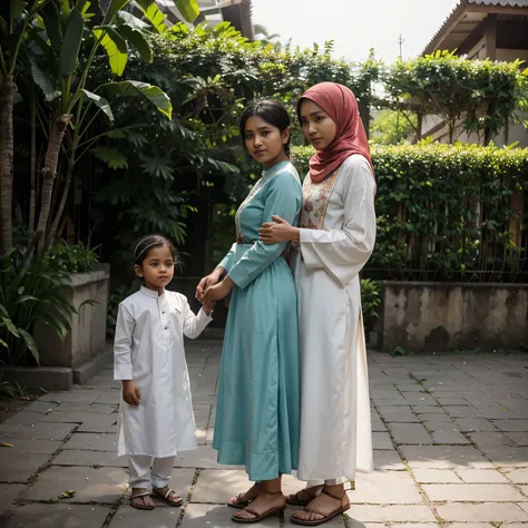 Sepasang suami istri bersama dengan anak laki-lakinya memakai baju seragam muslim baju sang suami bertuliskan fajar baju sang istri bertuliskan aisyah dan baju sang anak laki-lakinya bertuliskan adrian berlatar taman yang bertuliskan taman lenteng