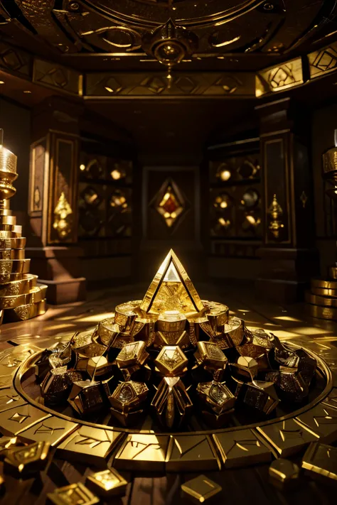 /imagine prompt: An intricate scene inside Erebors treasure room, piles of gold and jewels, the Arkenstone gleaming at the center, creating a sense of overwhelming wealth and a hint of greed and danger, 3D Rendering, high-resolution textures and lighting, ...