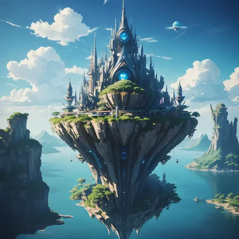 Sinister futuristic floating island suspended in the air, cities, fantasy, (villain hideout), (kawaii), cute, cute, anime style, technological, dark, funny, magical plant growth, extreme details, realistic light, blue sky, epic composition, (complex detail...