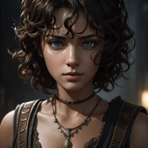 masterpiece, best quality, extremely detailed, cinematic lighting, intricate detail, highres, official art, finely detailed beautiful face and eyes, high resolution illustration, 8k, depth of field, woman, dark hair, short curly hair, post-apocalyptic worl...