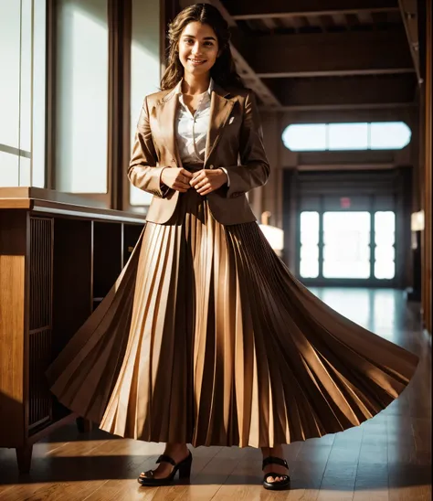 A smiling, authentic, (shy:1,3), kind, beautiful woman, completely alone in an empty space station, in love with her skirt, standing while wind lifts her skirt, wearing short blazer and very very detailed (long (fully pleated) full circle skirt) and (simpl...